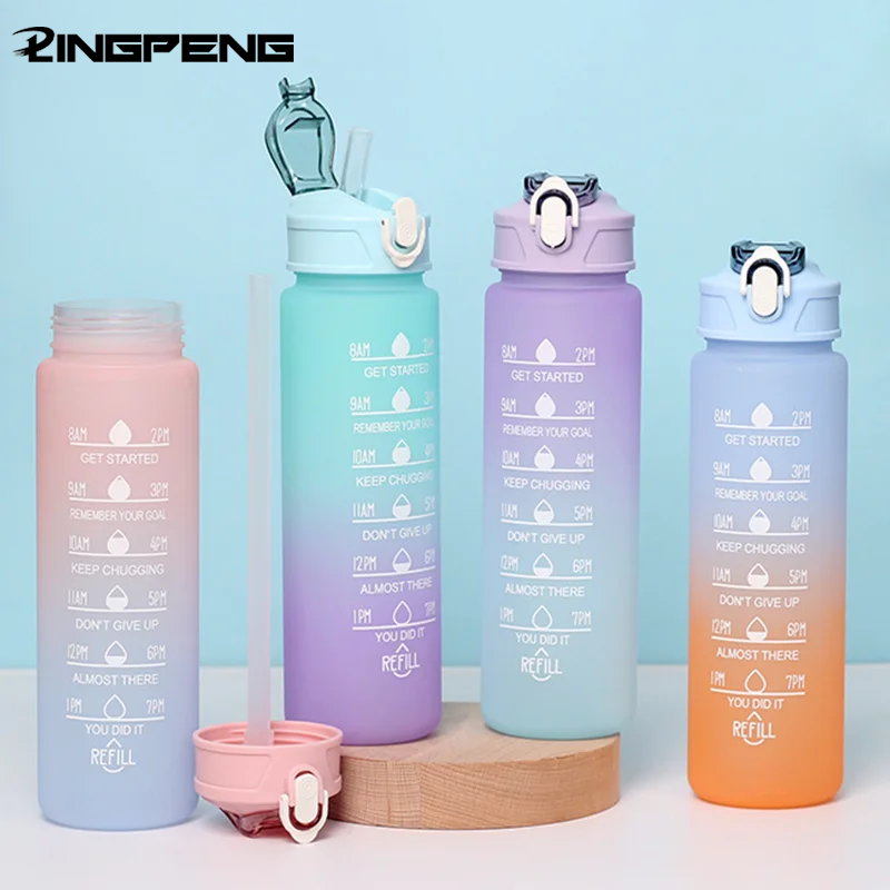 Smart Water Bottle Tracker - ขวดน้ำกีฬาขนาด 700 มล. ทนต่ออุณหภูมิสูง แก้วหลอดดูดแบบมีขีดบอกปริมาณ แก้วน้ำสีรุ้งไล่เฉด
