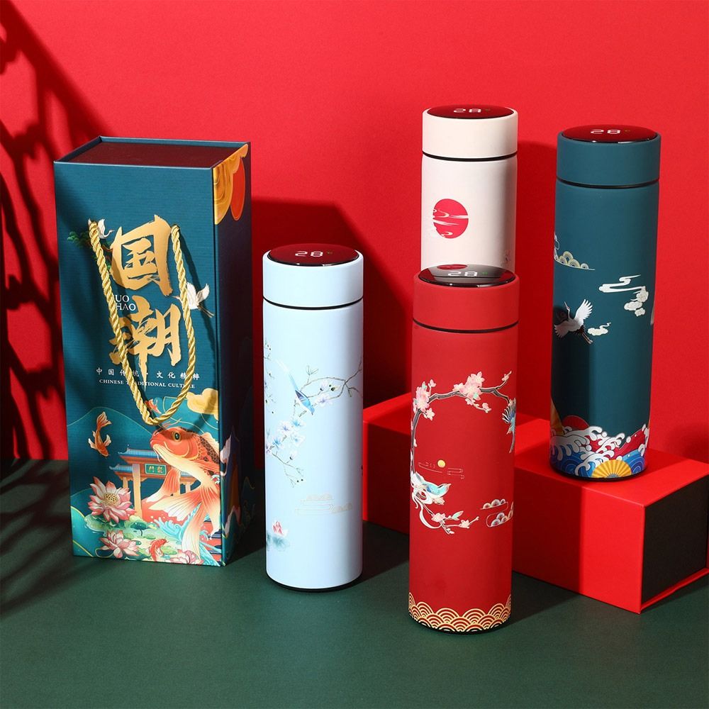 Smart Water Bottle Tracker - ขวดน้ำสูญญากาศจอแสดงผล LED ขนาดเล็กกระบอกน้ำสไตล์จีนถ้วยน้ำร้อนอัจฉริยะแสดงอุณหภูมิแก้วเดินทางพรีเมี่ยม