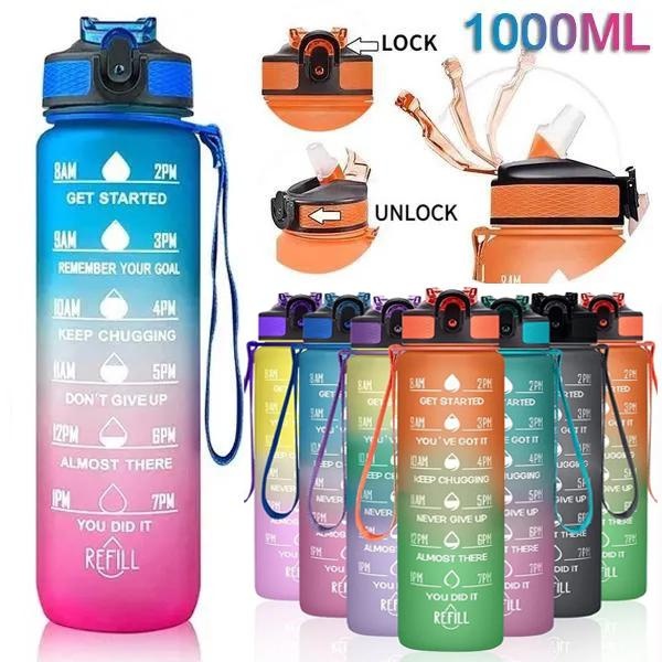 Smart Water Bottle Tracker - ขวดน้ํากีฬา 1 ลิตรพร้อมฟางและเครื่องหมายเวลาขวดน้ําสร้างแรงบันดาลใจพลาสติกขวดน้ําดื่มรั่วซึมสําหรับยิมฟิตเนส