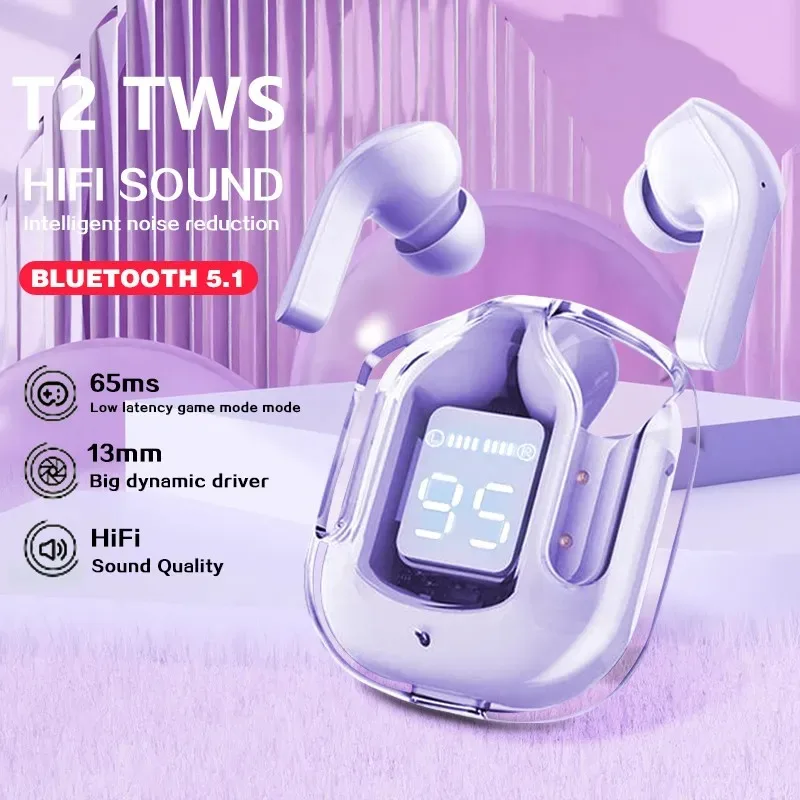 Earbuds Anc Wireless - หูฟังไร้สาย T2 TWS ชุดหูฟังบลูทูธไร้สายโปร่งใสคุณภาพเสียง HIFI 5.3บลูทูธสำหรับ